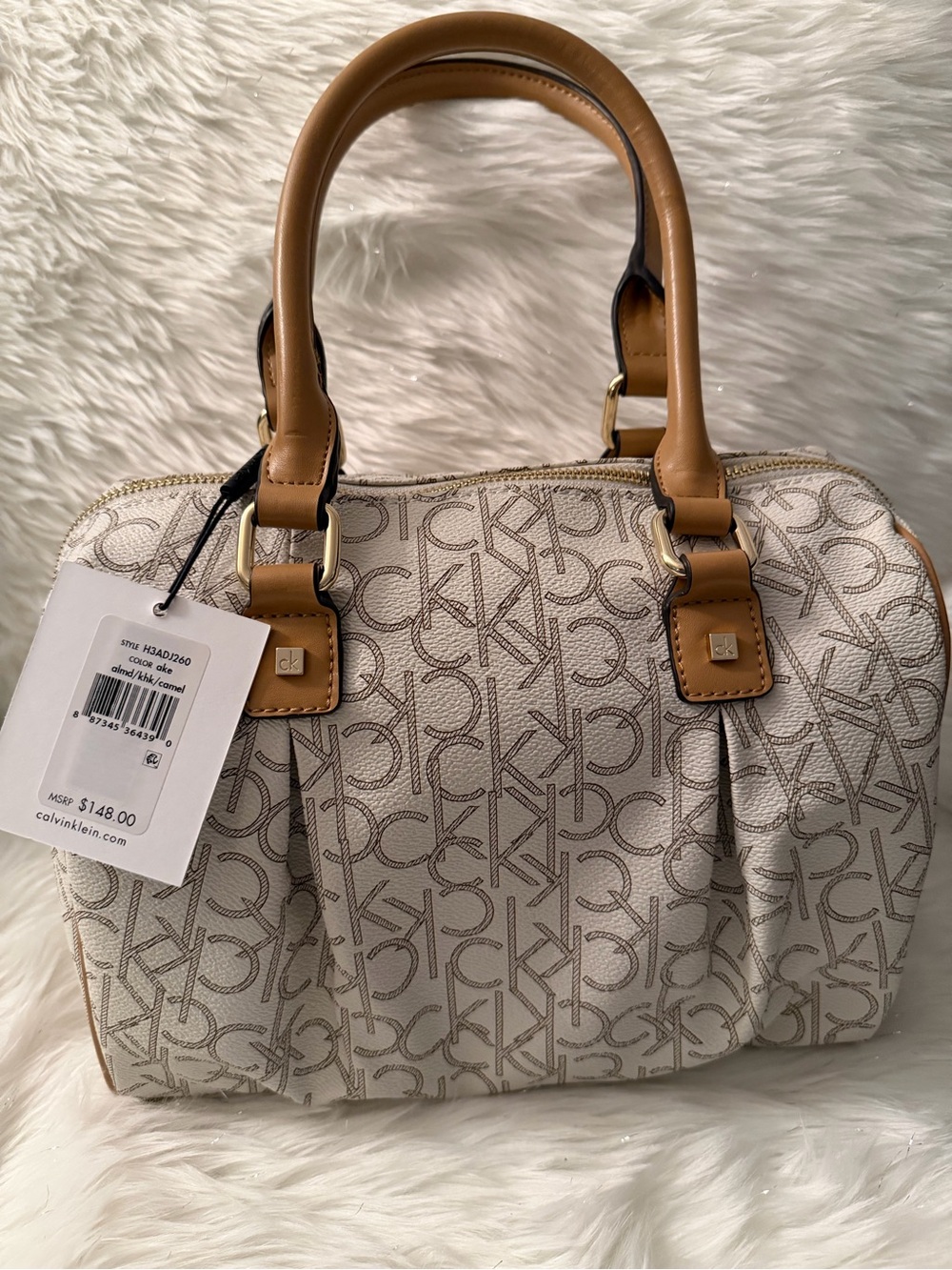 Calvin Klein Cream Monogram Satchel with Tan Handles